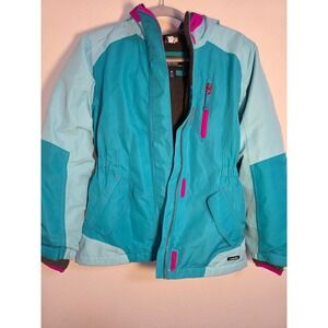 Lands End Kids Girls Teal Pink Colorblock Hooded Winter Ski Jacket Size M 10-12